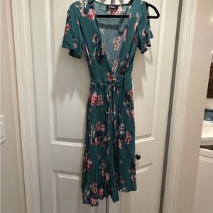 Lulus - Teal and Pink Floral Midi Dress